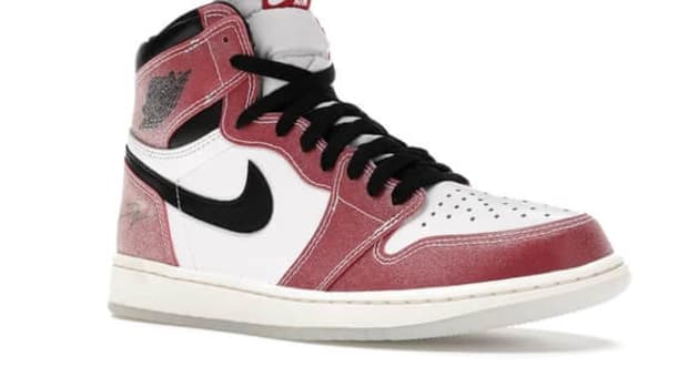 View of red, white, and black shoes.